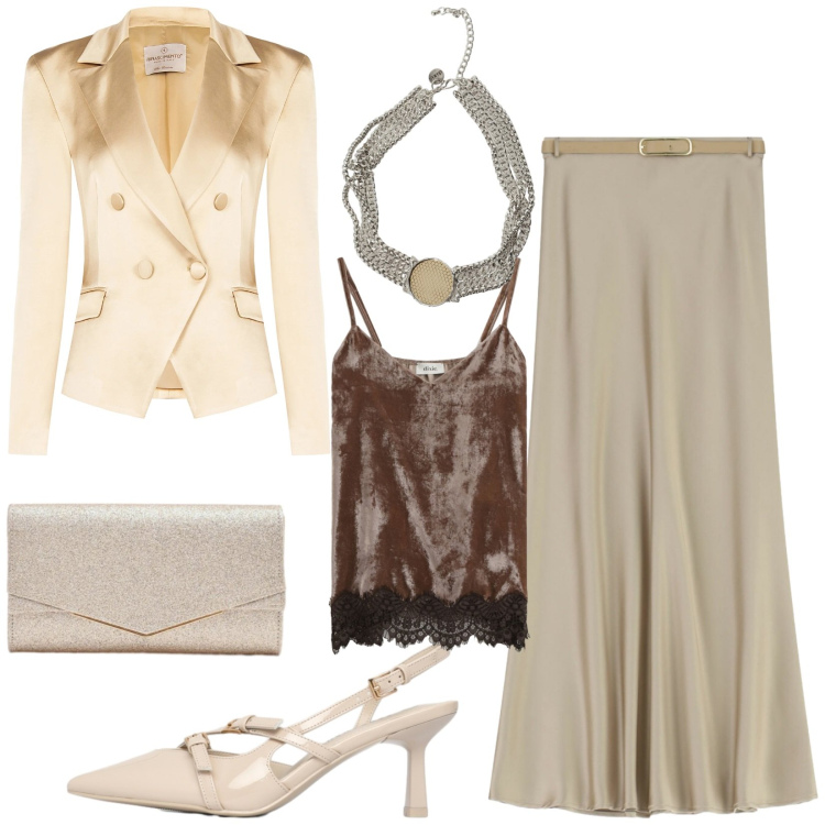 Outfit donna - Total look #2344944. Stile Glamour per Cerimonia. Abbinamento con décolleté, gonne lunghe, top, collane, clutch, blazer.