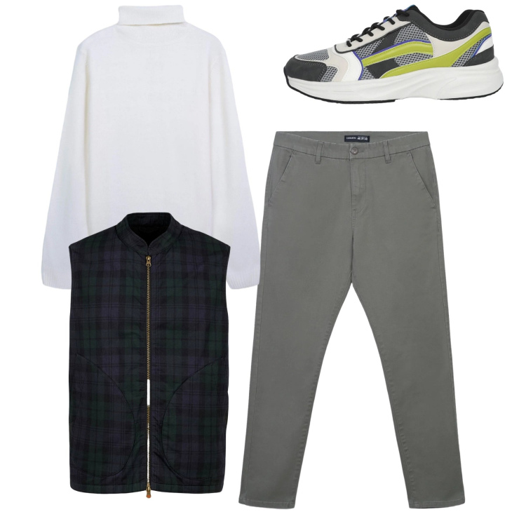 Outfit uomo - Total look. Stile Casual per Tutti i giorni. Abbinamento con pantaloni chino, maglieria, sneakers, piumini.