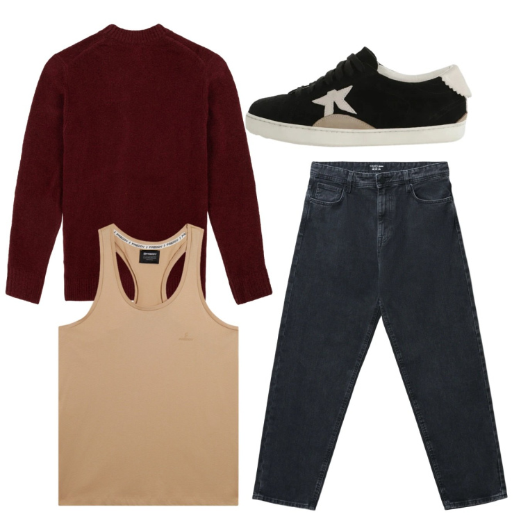 Outfit uomo - Total look. Stile Casual per Tutti i giorni. Abbinamento con jeans, sneakers, canottiere, maglieria.