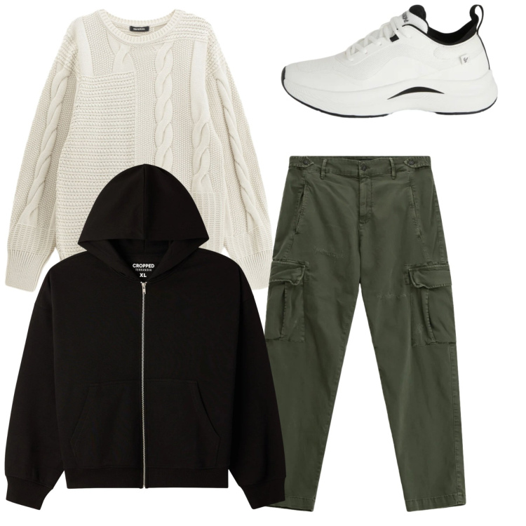 Outfit uomo - Total look. Stile Casual per Tutti i giorni. Abbinamento con maglieria, pantaloni cargo, felpe con cappuccio, sneakers.