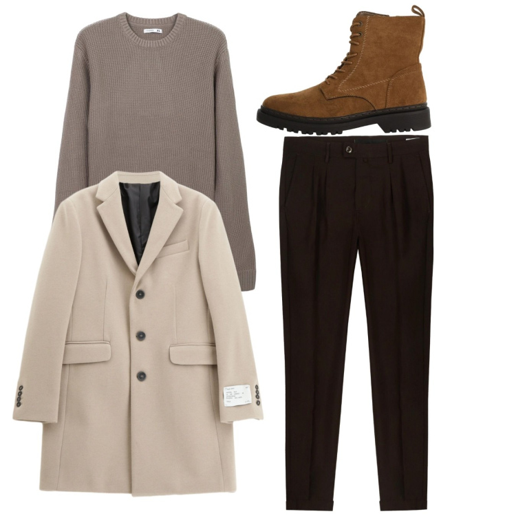 Outfit uomo - Total look. Stile Casual per Tutti i giorni. Abbinamento con maglieria, cappotti, anfibi, pantaloni.