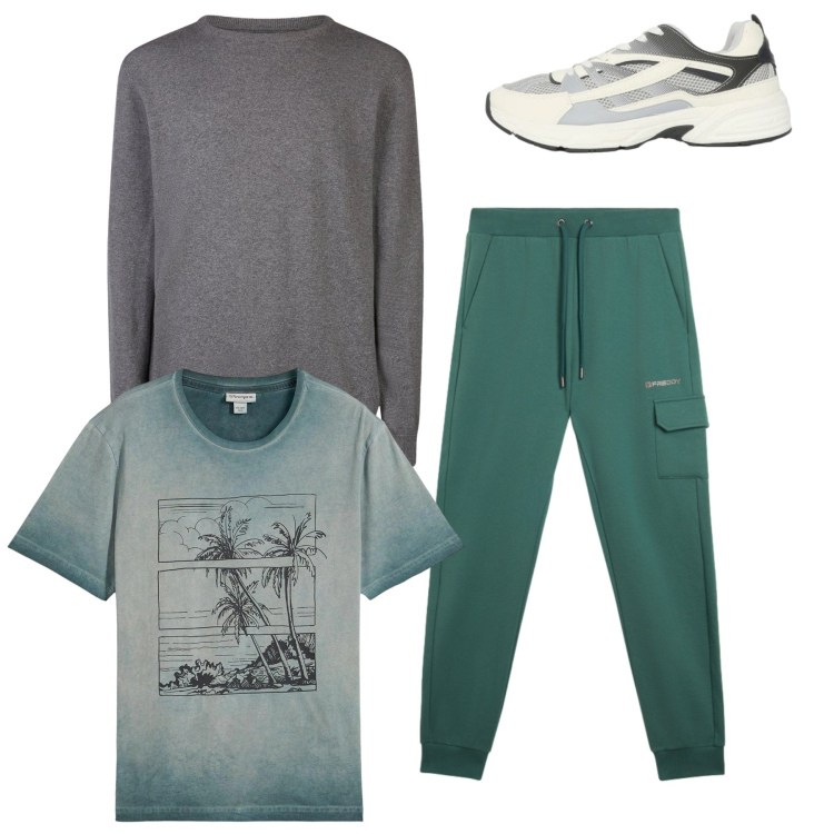 Outfit uomo - Total look. Stile Casual per Sport. Abbinamento con t-shirt, sneakers, pantaloni cargo, maglieria.