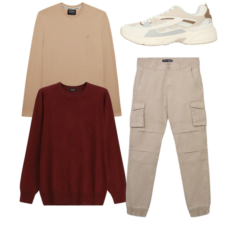 Outfit uomo - Total look. Stile Urban per Tutti i giorni. Abbinamento con maglieria, pantaloni cargo, sneakers, t-shirt.