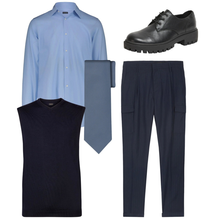 Outfit uomo - Total look. Stile Business/Elegante per Ufficio. Abbinamento con scarpe stringate, gilet, pantaloni cargo, cravatte, camicie.