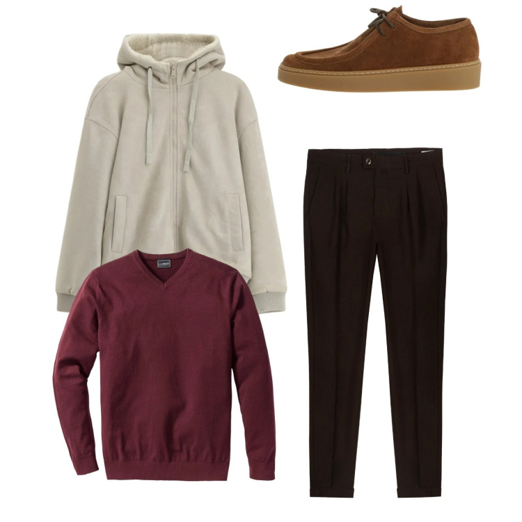 Outfit uomo - Total look. Stile Casual per Tutti i giorni. Abbinamento con maglieria, bomber, scarpe stringate, pantaloni.