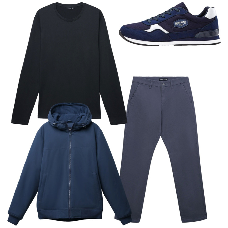 Outfit uomo - Total look. Stile Casual per Tutti i giorni. Abbinamento con sneakers, giacche, pantaloni chino, t-shirt.
