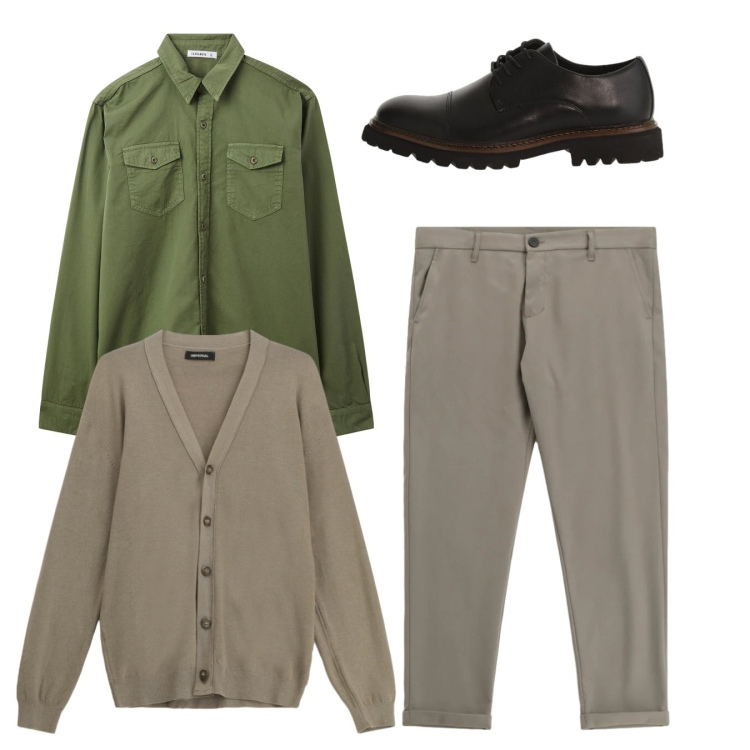 Outfit uomo - Total look. Stile Casual per Tutti i giorni. Abbinamento con camicie, pantaloni, cardigans, scarpe stringate.