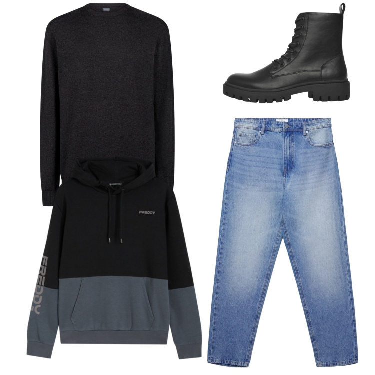 Outfit uomo - Total look. Stile Casual per Tutti i giorni. Abbinamento con anfibi, jeans, felpe con cappuccio, maglieria.