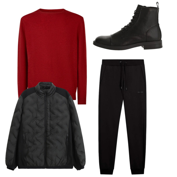 Outfit uomo - Total look. Stile Casual per Tutti i giorni. Abbinamento con giacche, anfibi, pantaloni, maglieria.