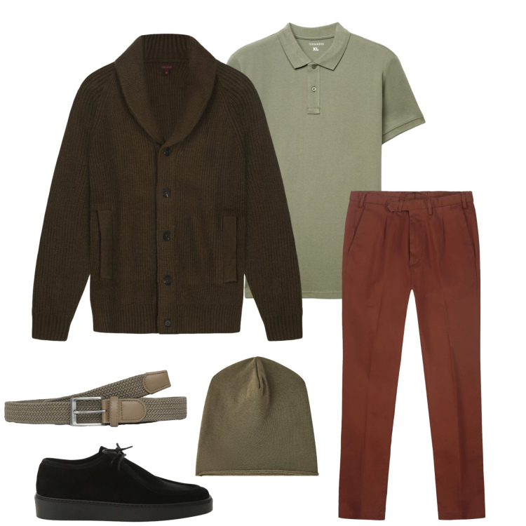 Outfit uomo - The Warm Textures Look. Stile Urban per Tutti i giorni. Abbinamento con scarpe stringate, cinture, berretti, polo, pantaloni, cardigans.