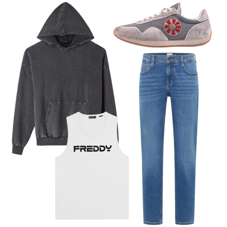 Outfit uomo - Total street style. Stile Casual per Tutti i giorni. Abbinamento con jeans bootcut, felpe con cappuccio, canottiere, sneakers.