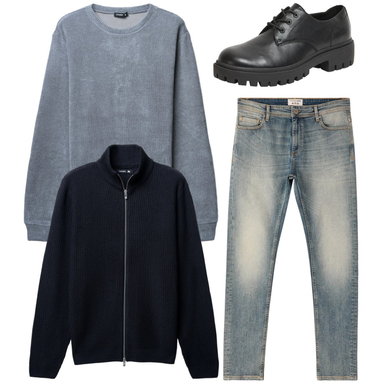 Outfit uomo - Total delavè. Stile Casual per Tutti i giorni. Abbinamento con scarpe stringate, maglieria, jeans skinny, cardigans.