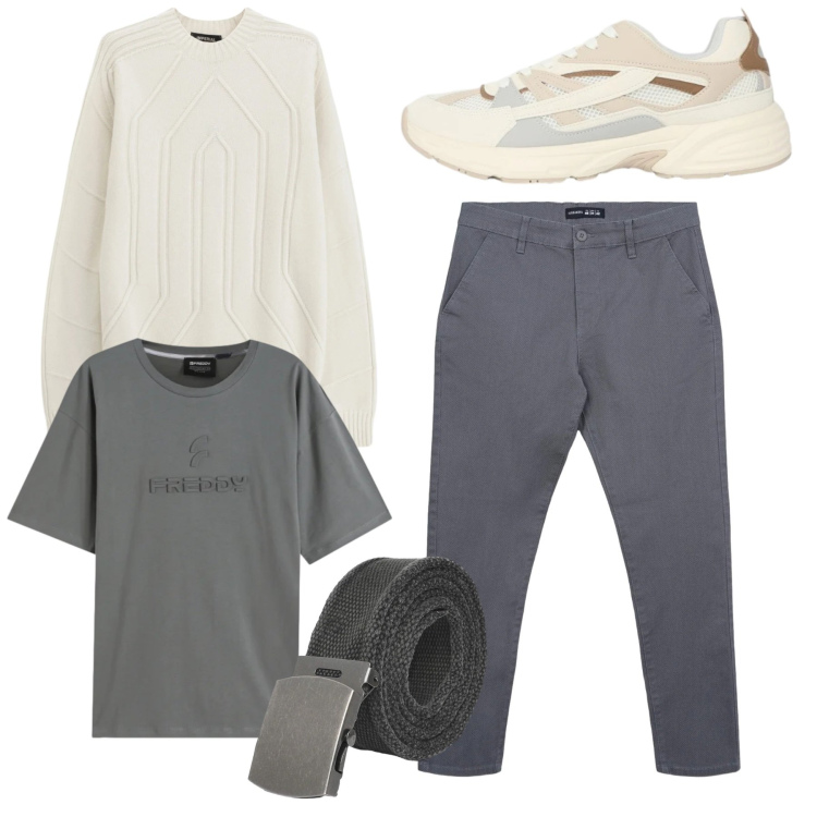 Outfit uomo - Total basico. Stile Casual per Tutti i giorni. Abbinamento con pullovers, cinture, pantaloni chino, sneakers, t-shirt.