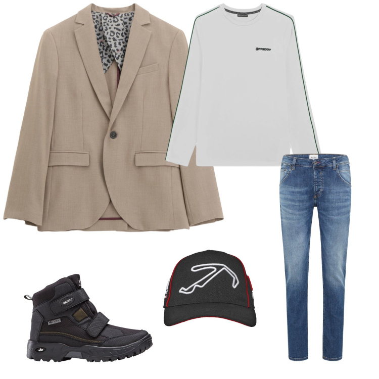 Outfit uomo - The Urban Rebel. Stile Urban per Tutti i giorni. Abbinamento con stivali e stivaletti, jeans dritti, giacche, cappelli con visiera, t-shirt.