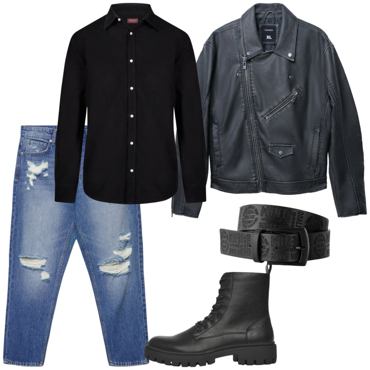 Outfit uomo - Night out. Stile Trendy per Serata speciale. Abbinamento con cinture, anfibi, giacche, jeans strappati, camicie.