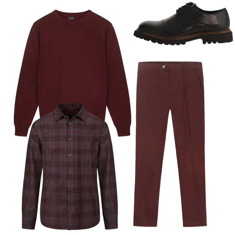 Outfit uomo - Total wine. Stile Casual per Tutti i giorni. Abbinamento con scarpe stringate, camicie, maglieria, pantaloni chino.