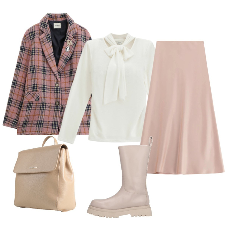 Outfit donna - Verso la Primavera delicatezza eleganza. Stile Romantica per Tutti i giorni. Abbinamento con stivali, zaini, gonne lunghe, maglieria, blazer.