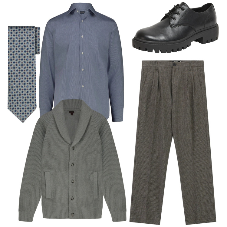 Outfit uomo - Total classic. Stile Casual per Ufficio. Abbinamento con pantaloni, scarpe stringate, camicie, cardigans, cravatte.