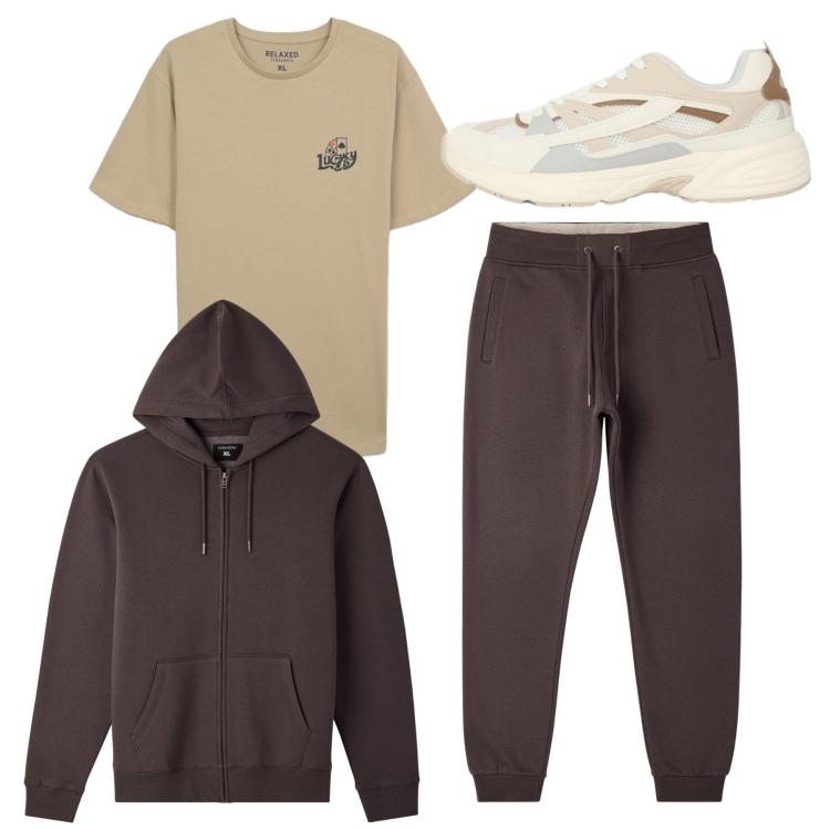 Outfit uomo - Total brown. Stile Casual per Tutti i giorni. Abbinamento con felpe con cappuccio, pantaloni, t-shirt, sneakers.