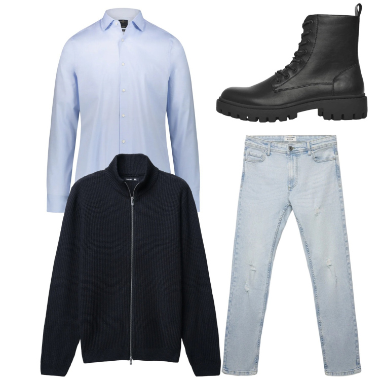 Outfit uomo - Total look. Stile Casual per Tutti i giorni. Abbinamento con anfibi, jeans strappati, cardigans, camicie.
