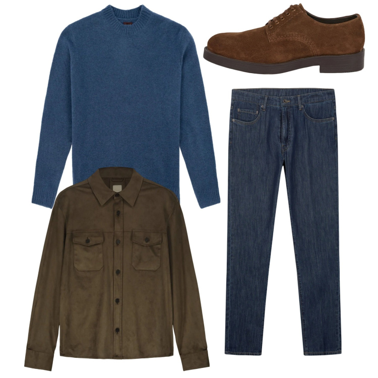 Outfit uomo - Total casual chic. Stile Casual per Serata speciale. Abbinamento con scarpe stringate, giacche, jeans, maglieria.