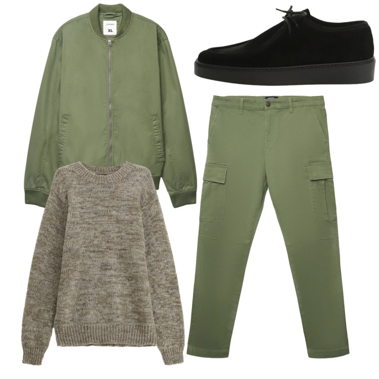 Outfit uomo - Total green. Stile Casual per Tutti i giorni. Abbinamento con maglieria, scarpe stringate, pantaloni cargo, bomber.