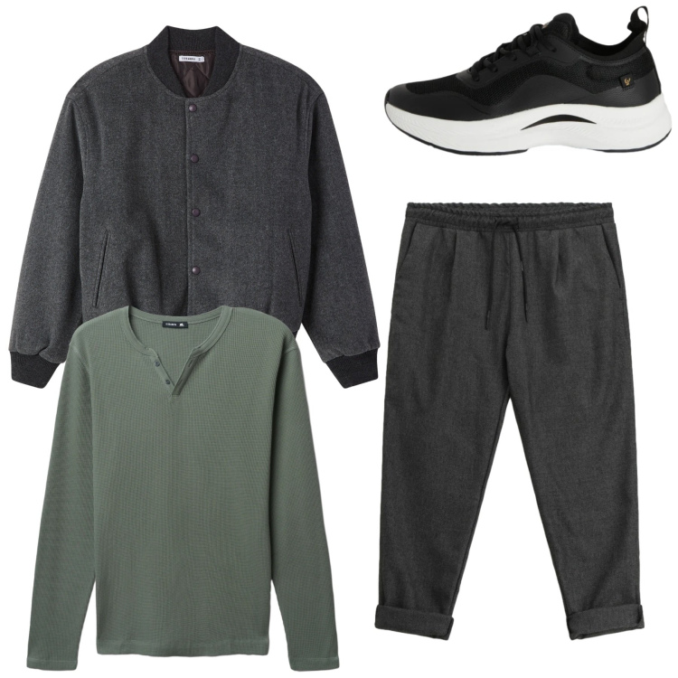 Outfit uomo - Total grey. Stile Casual per Tutti i giorni. Abbinamento con t-shirt, bomber, pantaloni, sneakers.