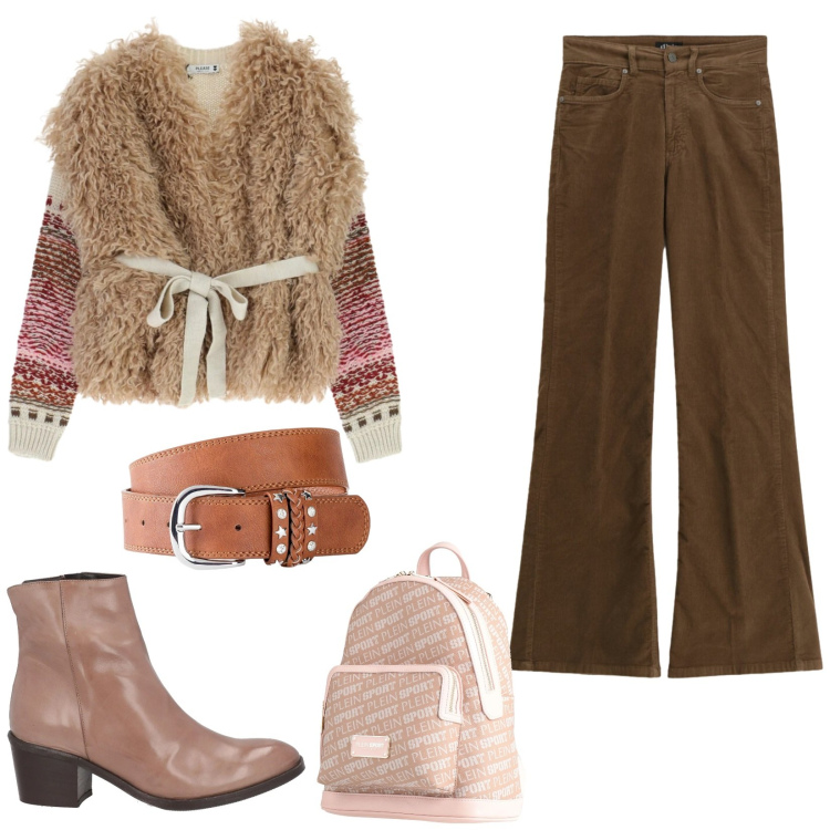 Outfit donna - Mix di volumi. Stile Trendy per Tutti i giorni. Abbinamento con zaini, stivaletti, cinture, jeans, maglieria.