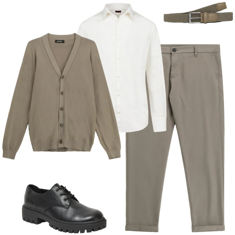Outfit uomo - City. Stile Urban per Tutti i giorni. Abbinamento con pantaloni, cardigans, scarpe stringate, cinture, camicie.