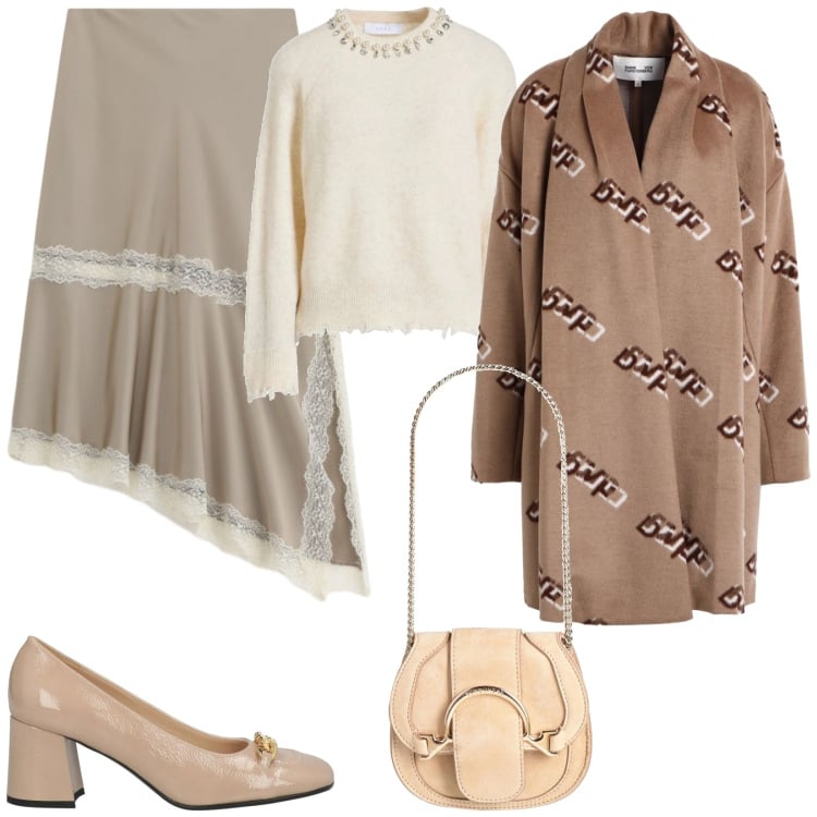 Outfit donna - Tonalità soft. Stile Trendy per Serata fuori. Abbinamento con cappotti, décolleté, marsupi, pullovers, gonne longuette.