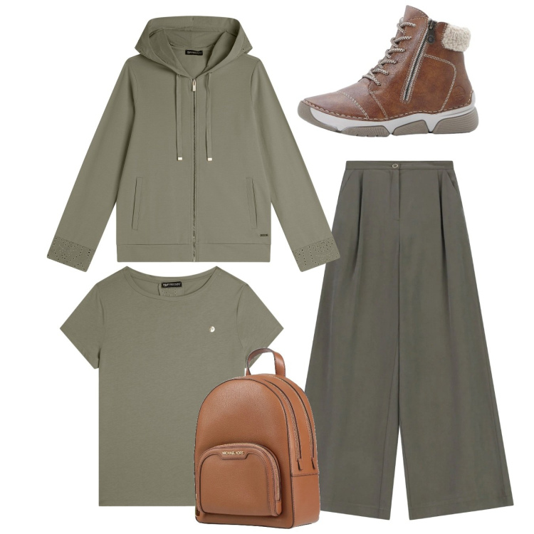 Outfit donna - Febbraio in tonalità soft - Focus Donna. Stile Casual per Tutti i giorni. Abbinamento con zaini, stivaletti, pantaloni a palazzo, felpe con cappuccio, t-shirt.