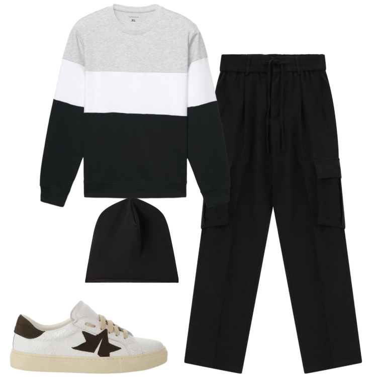 Outfit uomo - Total look #2345047. Stile Casual per Tutti i giorni. Abbinamento con pantaloni cargo, sneakers, berretti, felpe.