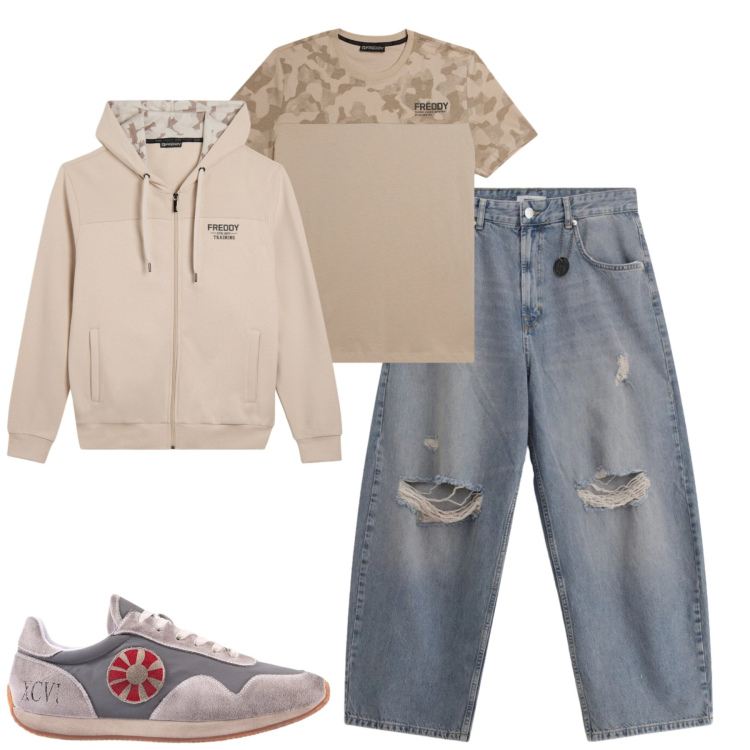 Outfit uomo - Total look #2345063. Stile Casual per Tutti i giorni. Abbinamento con jeans strappati, t-shirt, felpe con cappuccio, sneakers.