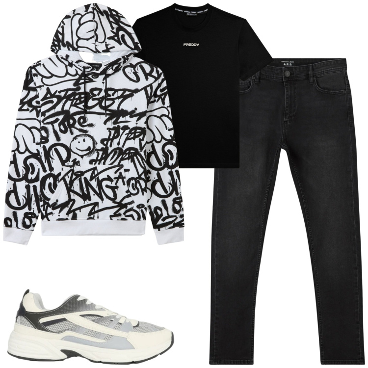 Outfit uomo - Total look #2345064. Stile Casual per Tutti i giorni. Abbinamento con felpe con cappuccio, jeans skinny, sneakers, t-shirt.