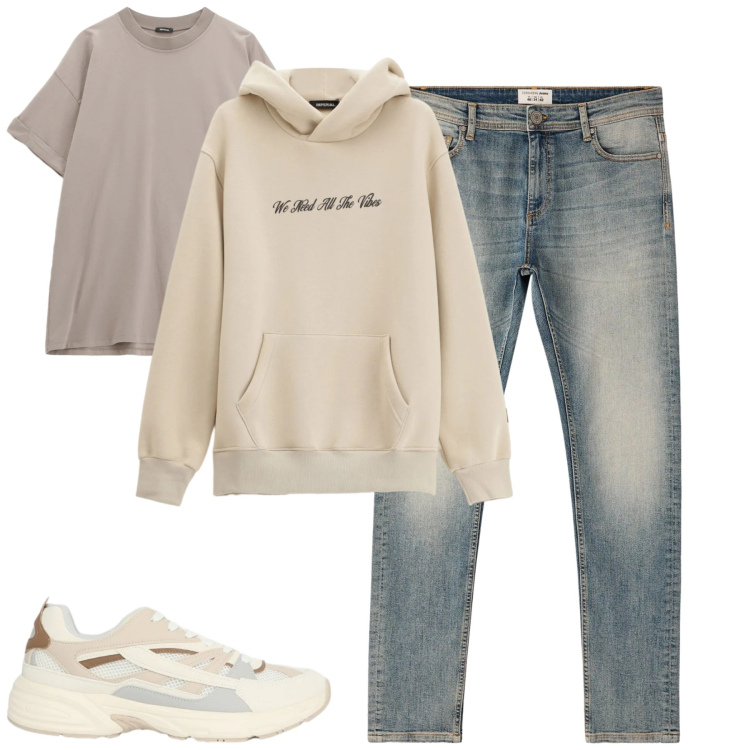 Outfit uomo - Total look #2345071. Stile Casual per Tutti i giorni. Abbinamento con felpe con cappuccio, t-shirt, jeans skinny, sneakers.