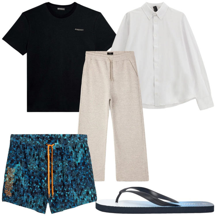 Outfit uomo - Total look #2345072. Stile Trendy per Mare. Abbinamento con costumi, sandali, pantaloni, camicie, t-shirt.