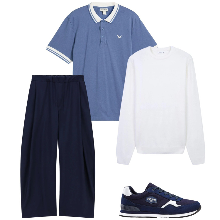 Outfit uomo - Total look #2345074. Stile Trendy per Tutti i giorni. Abbinamento con sneakers, polo, maglieria, pantaloni.