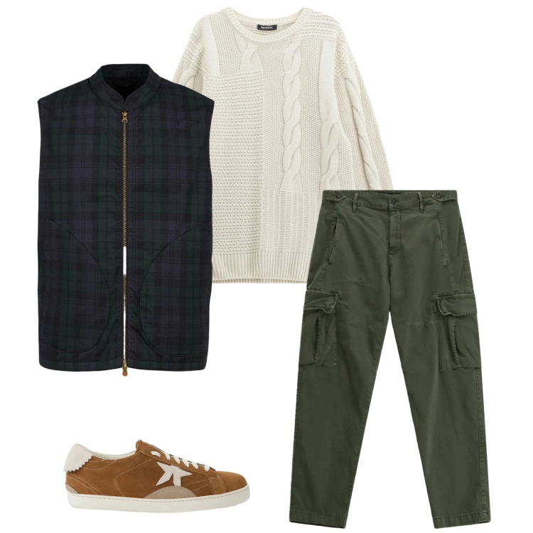 Outfit uomo - Total look #2345076. Stile Trendy per Tutti i giorni. Abbinamento con maglieria, pantaloni cargo, sneakers, piumini.