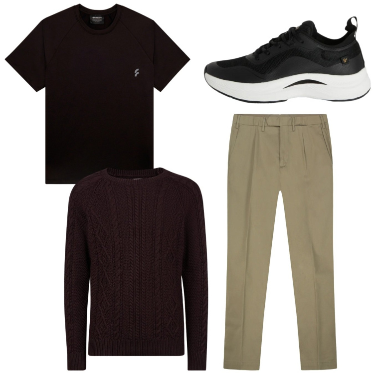 Outfit uomo - Total look. Stile Casual per Tutti i giorni. Abbinamento con sneakers, t-shirt, maglieria, pantaloni.