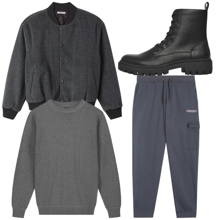 Outfit uomo - Total look. Stile Casual per Tutti i giorni. Abbinamento con anfibi, bomber, pantaloni cargo, maglieria.