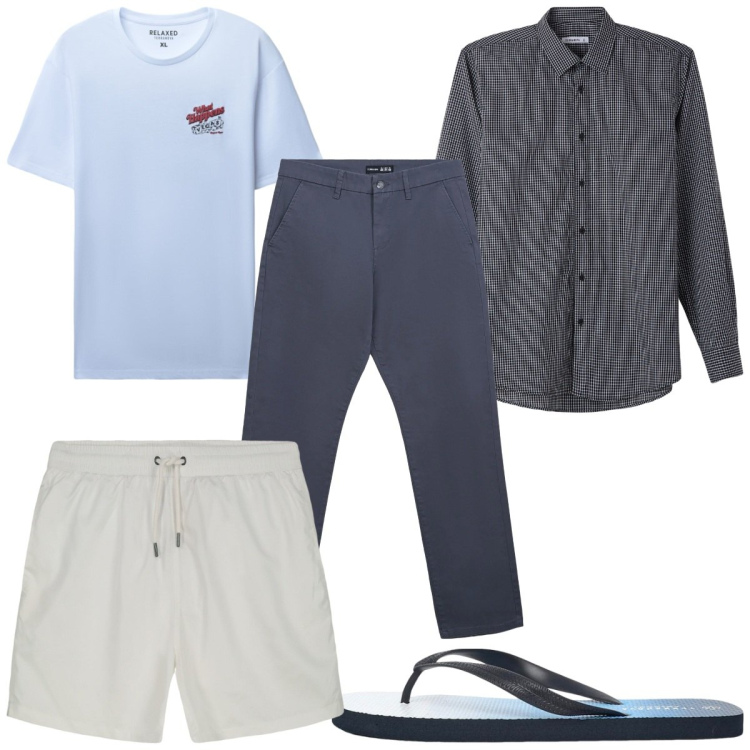 Outfit uomo - Total look #2345081. Stile Trendy per Mare. Abbinamento con sandali, pantaloni chino, camicie, t-shirt, costumi.