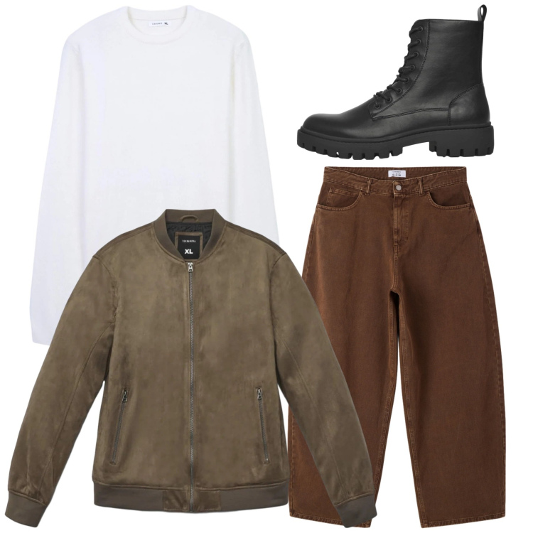 Outfit uomo - Total look. Stile Casual per Tutti i giorni. Abbinamento con anfibi, giacche, maglieria, jeans dritti.