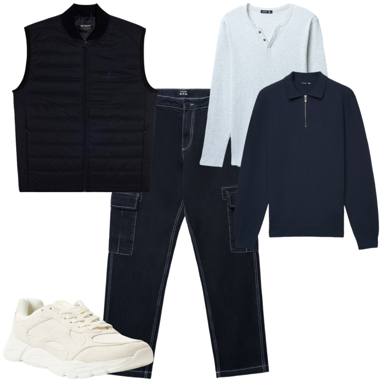 Outfit uomo - Casual ogni giorno. Stile Casual per Tutti i giorni. Abbinamento con sneakers, pantaloni cargo, t-shirt, maglieria, piumini.