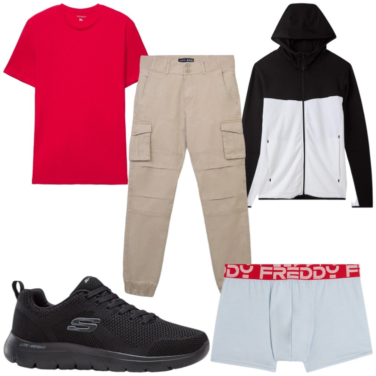 Outfit uomo - Total look #2345089. Stile Trendy per Sport. Abbinamento con sneakers, felpe sportive, pantaloni cargo, t-shirt, boxer.