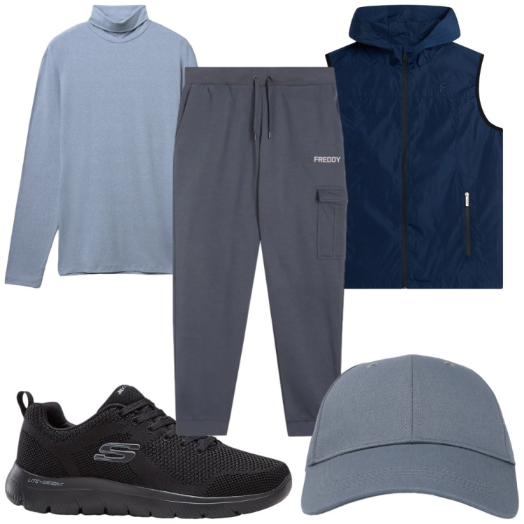 Outfit uomo - Total look #2345094. Stile Trendy per Sport. Abbinamento con sneakers, cappelli con visiera, t-shirt, pantaloni cargo, piumini.