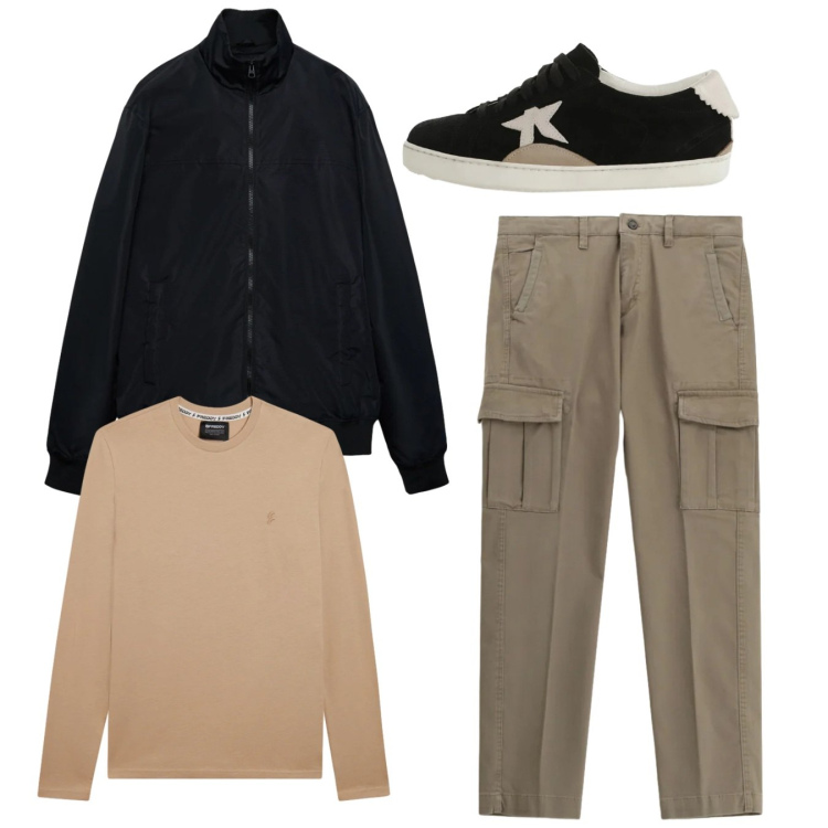 Outfit uomo - Total look #2345101. Stile Casual per Tutti i giorni. Abbinamento con pantaloni cargo, sneakers, bomber, t-shirt.