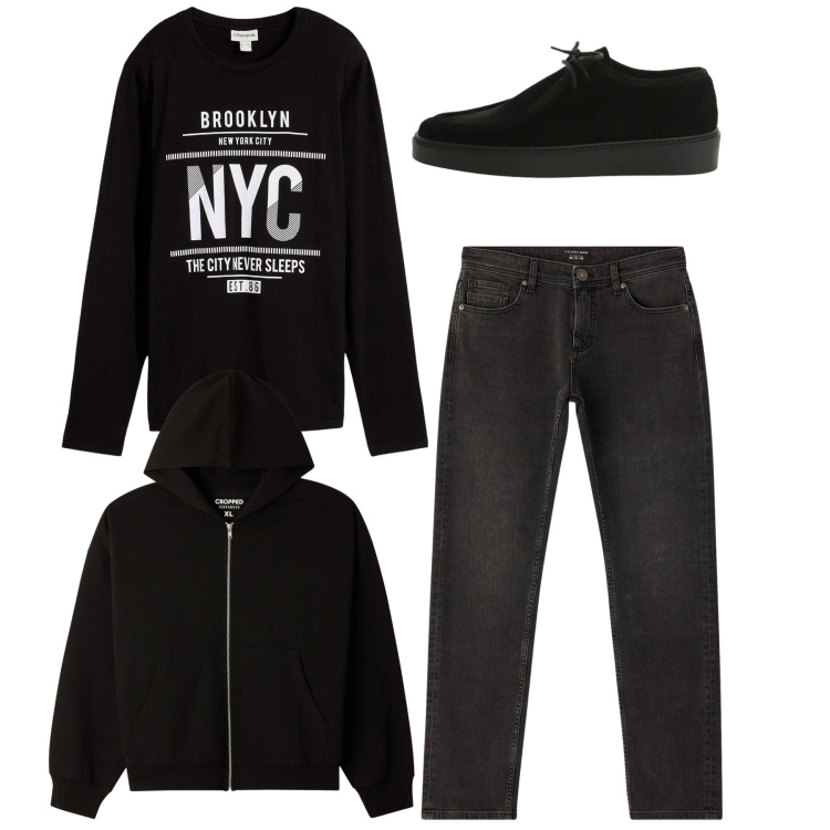 Outfit uomo - Total look #2345102. Stile Urban per Tutti i giorni. Abbinamento con maglieria, scarpe stringate, jeans, felpe con cappuccio.