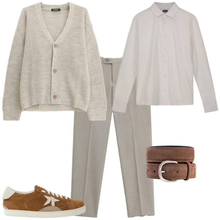 Outfit uomo - Trendy ufficio tempo libero. Stile Trendy per Tutti i giorni. Abbinamento con pantaloni, cardigans, sneakers, cinture, polo.