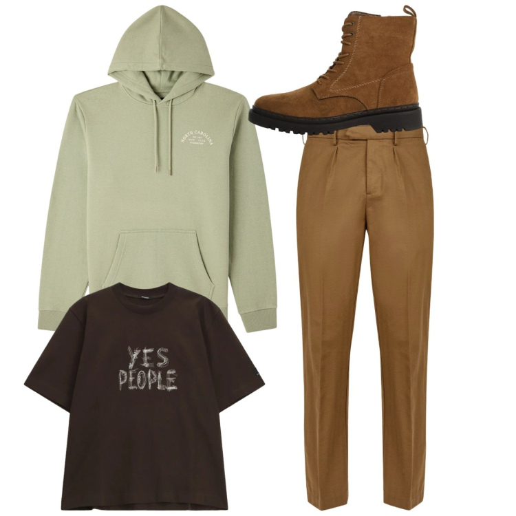 Outfit uomo - Total look #2345105. Stile Casual per Tutti i giorni. Abbinamento con felpe con cappuccio, anfibi, t-shirt, pantaloni.