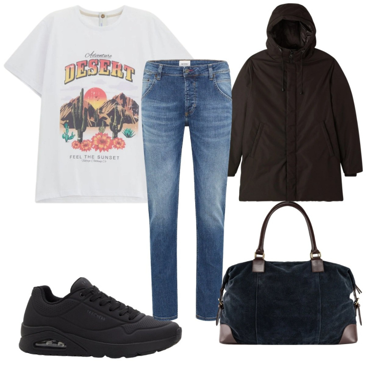 Outfit uomo - Total look #2345110. Stile Casual per Tutti i giorni. Abbinamento con sneakers, jeans dritti, t-shirt, parka, borse sportive.